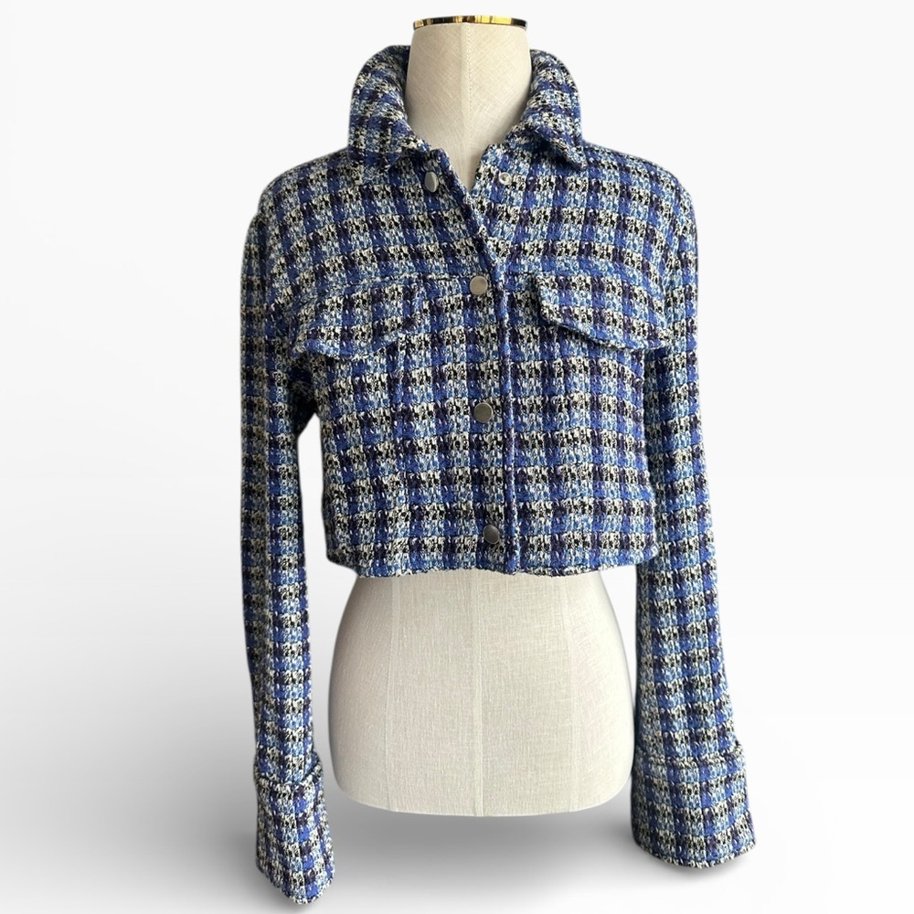 ZARA Blue Tweed Look Cropped Jacket Blazer Plaid Snap Front Size Small